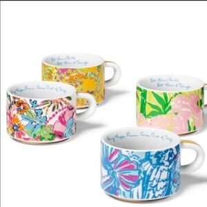 NEW RARE LILLY PULITZER Stackable Coffee Espresso Mug Set 4 Cups & Caddy